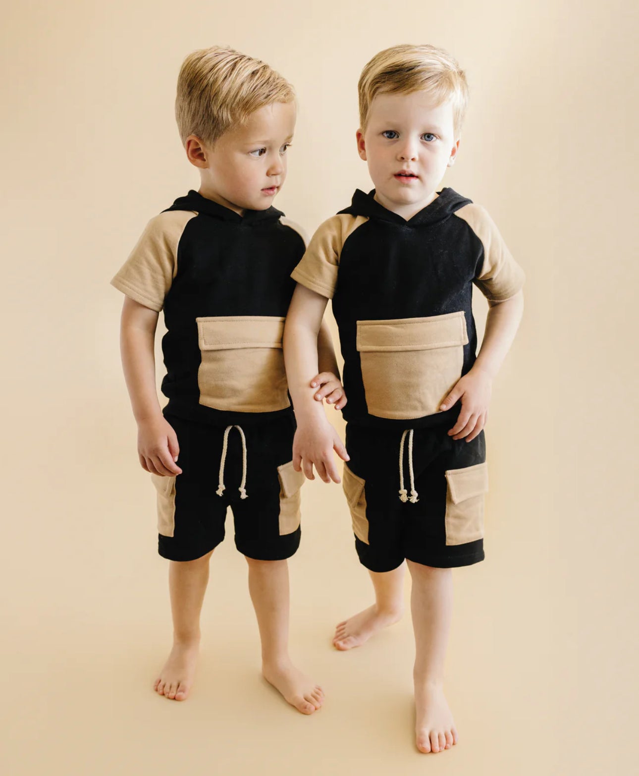 Terry Cargo Shorts Set | Black & Tan