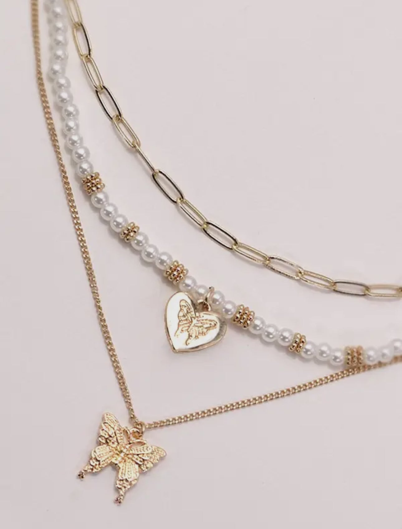 Multi Layer Pearl & Butterfly Necklace