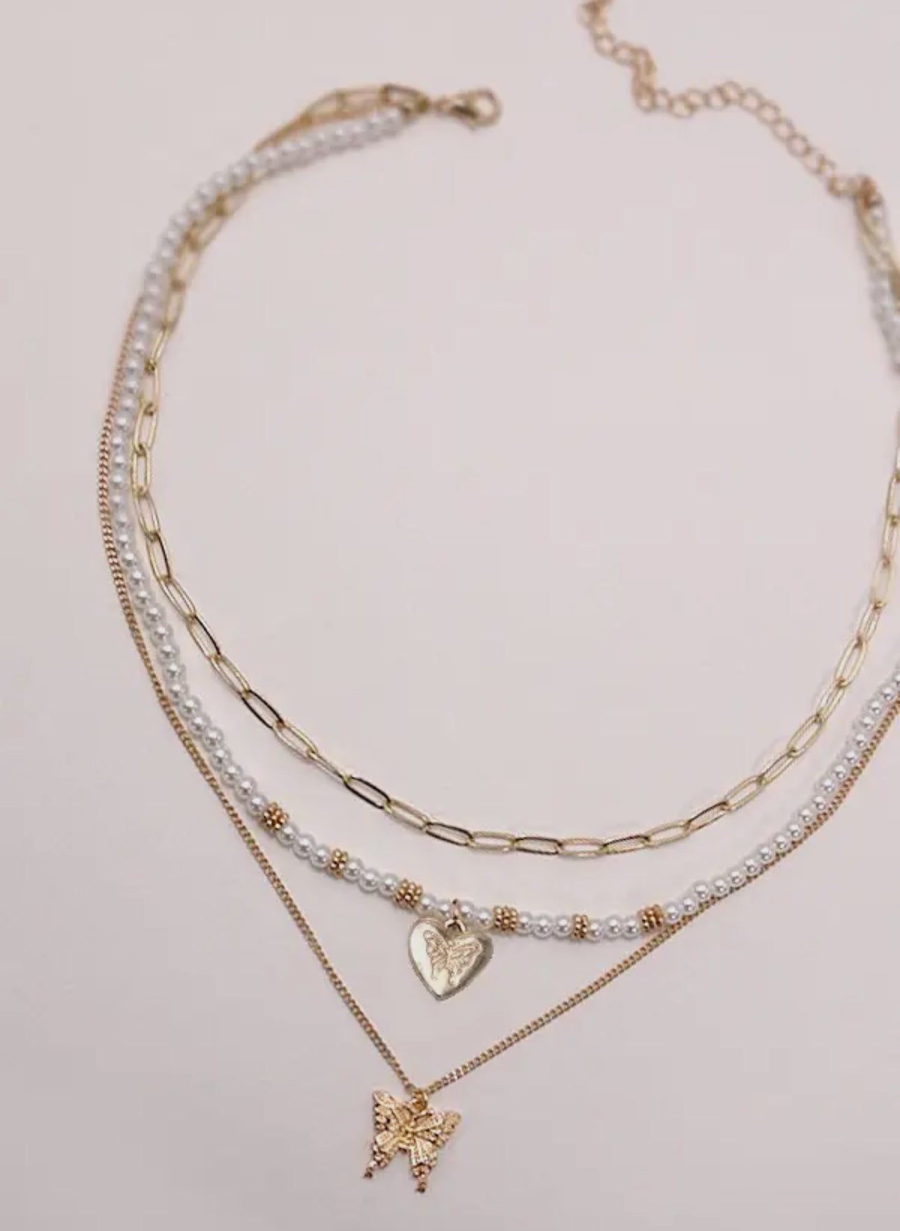 Multi Layer Pearl & Butterfly Necklace