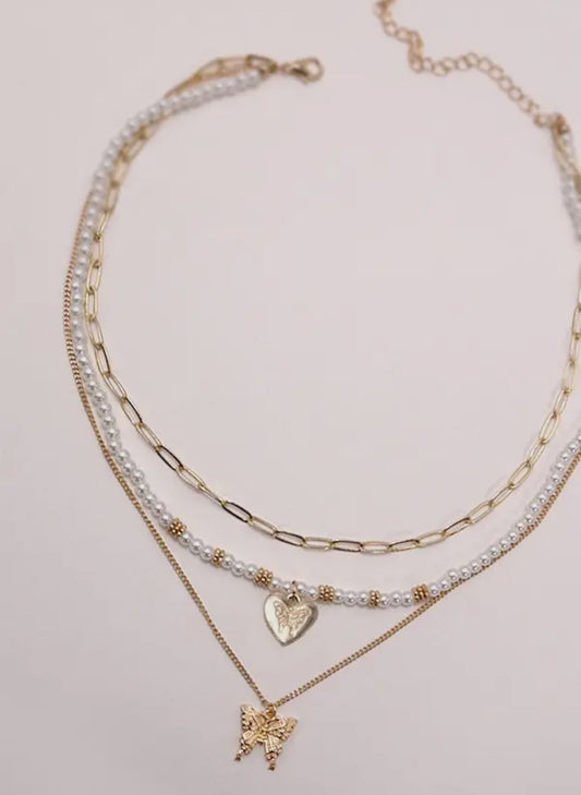Multi Layer Pearl & Butterfly Necklace