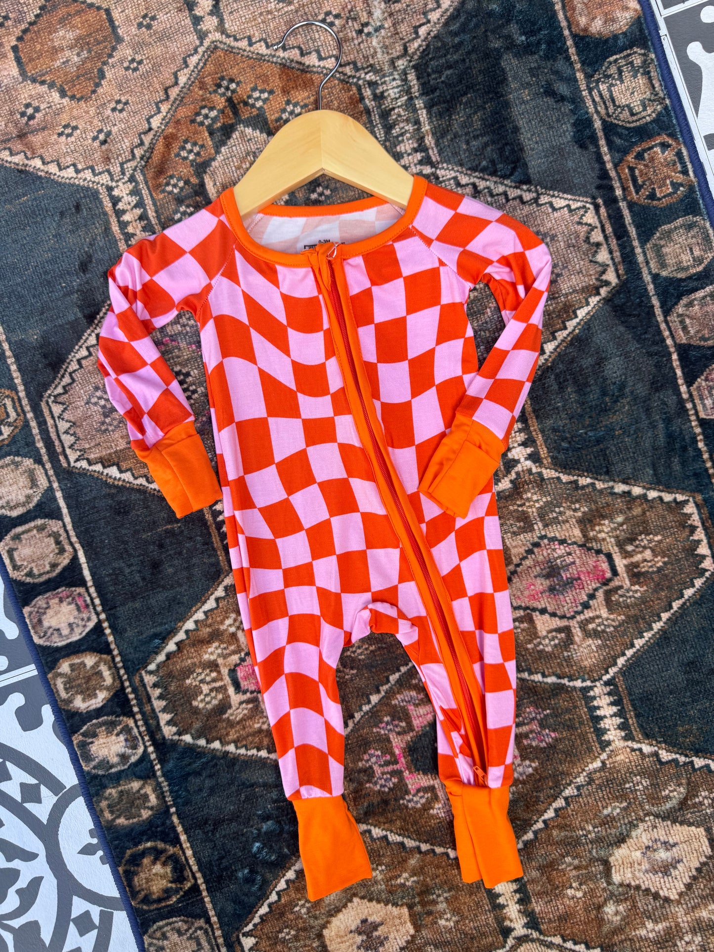 Bamboo Baby Zip Romper | Pink & Orange Wavey Checkered