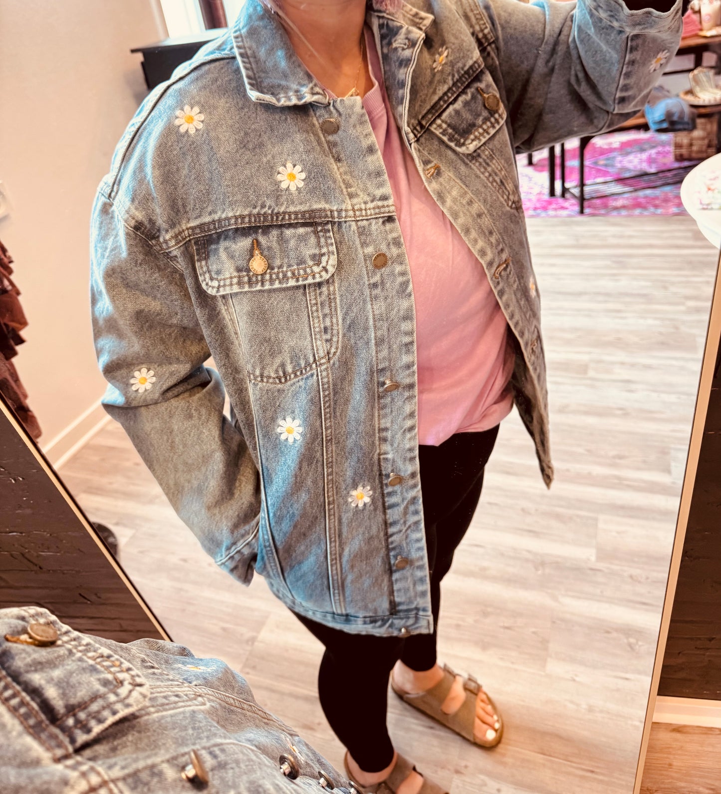 Embroidered Oversized Denim Jacket | Flower