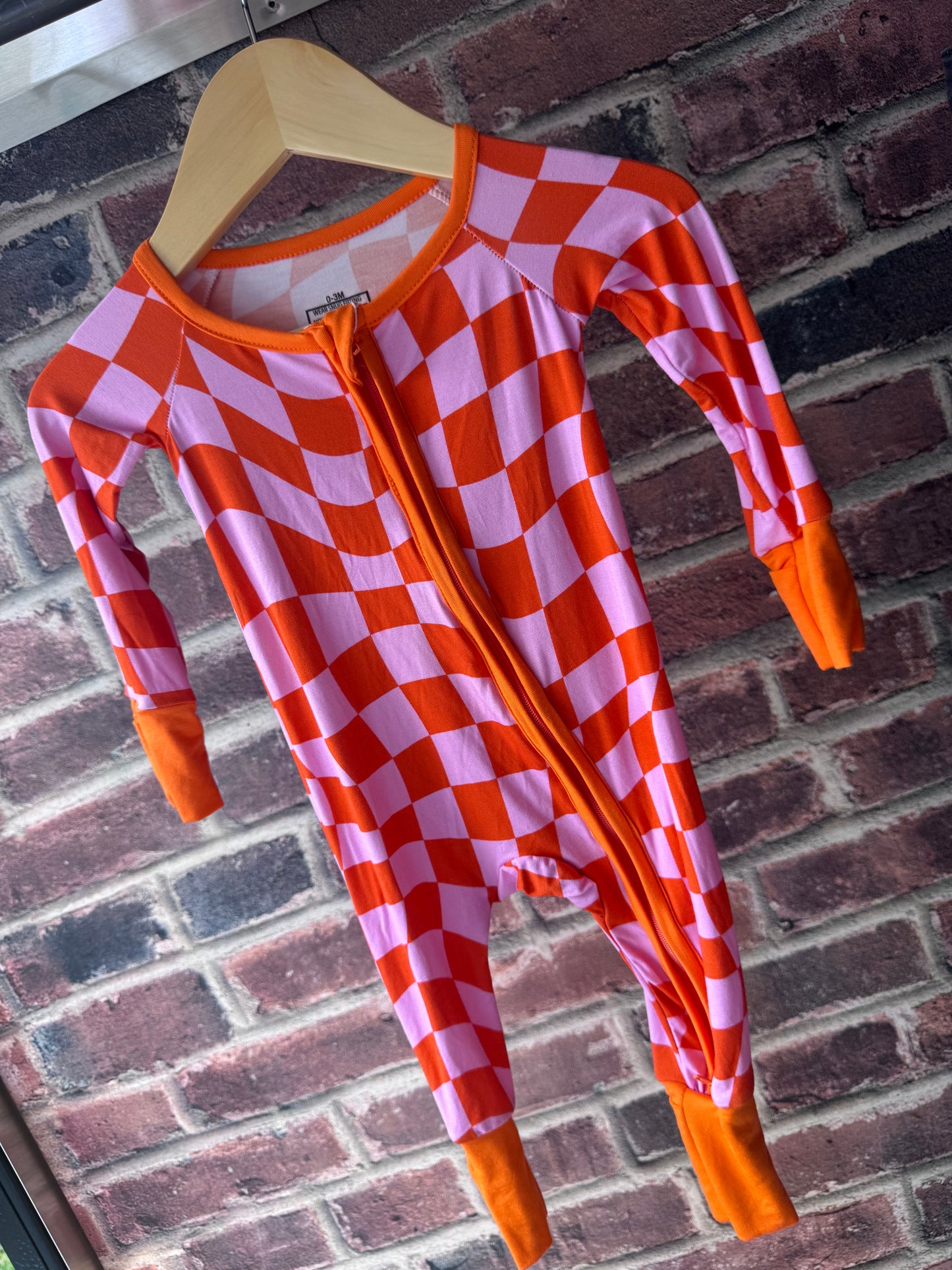 Bamboo Baby Zip Romper | Pink & Orange Wavey Checkered