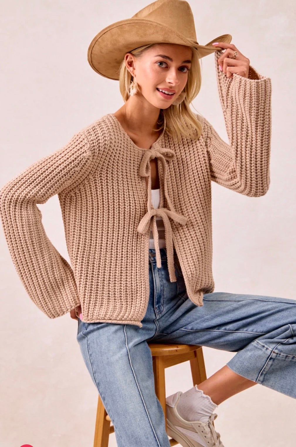 Solid Loose Gauge Knit Sweater Top With Bow Ties