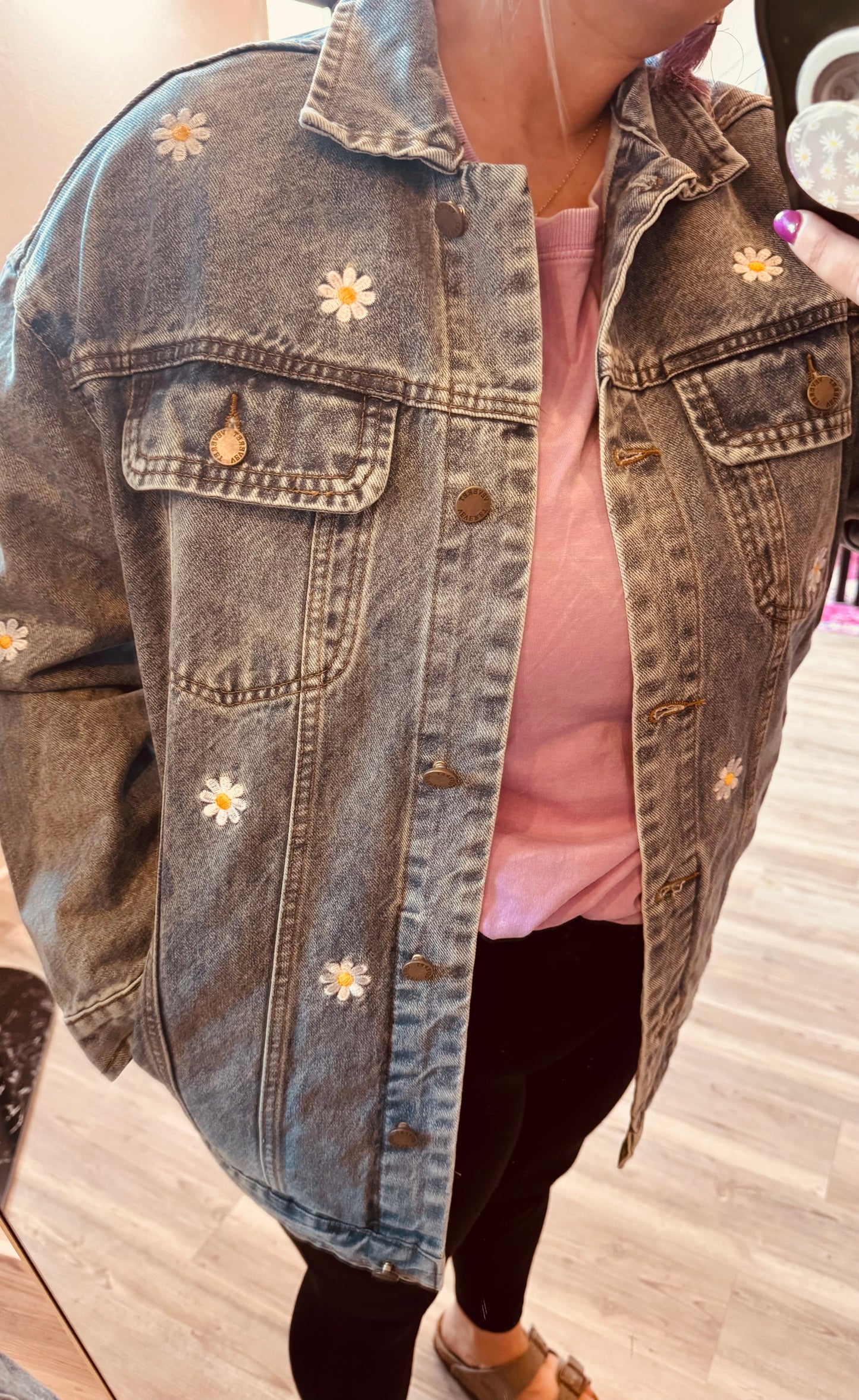 Embroidered Oversized Denim Jacket | Flower