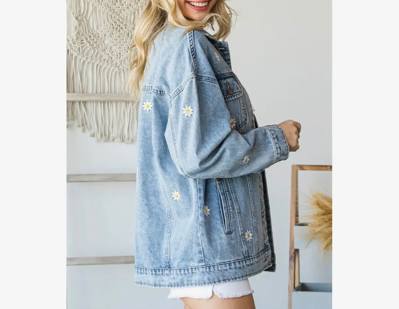 Embroidered Oversized Denim Jacket | Flower