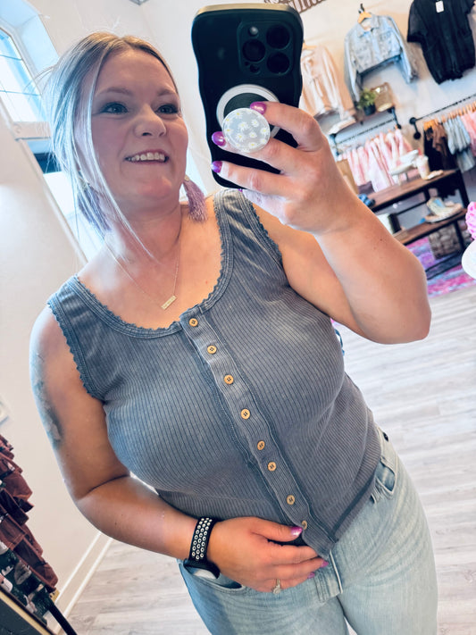 Mineral Washed Knit Tank w/ Lace Trim | Denim