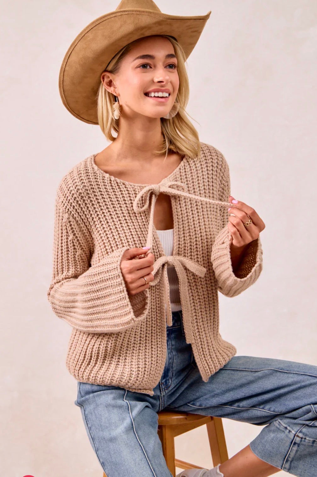 Solid Loose Gauge Knit Sweater Top With Bow Ties