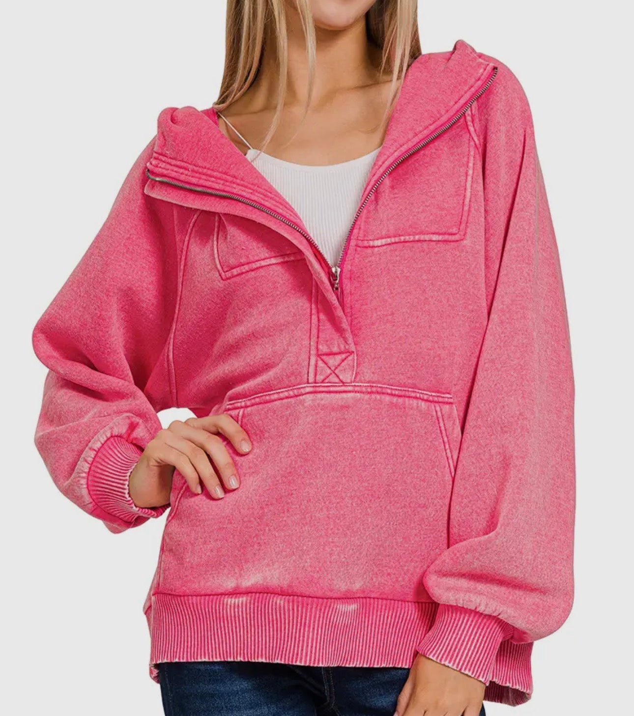 Acid Washed Fleece Oversized 1/4 Zip Kangaroo Hoodie