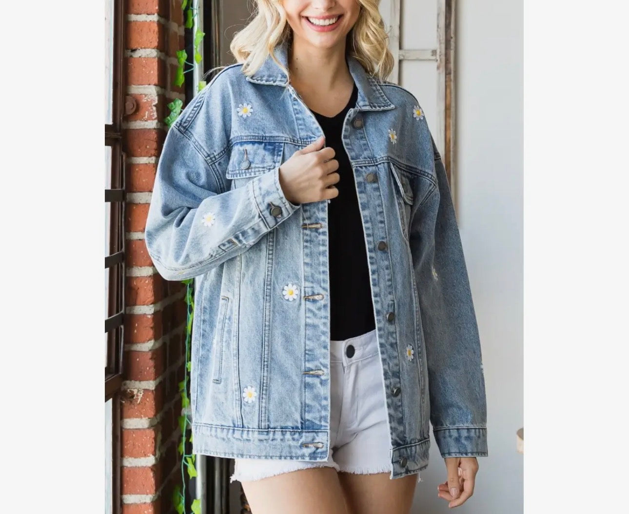 Embroidered Oversized Denim Jacket | Flower