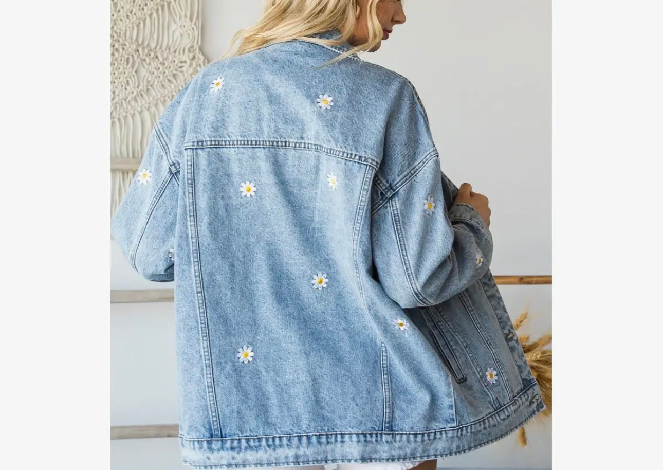Embroidered Oversized Denim Jacket | Flower