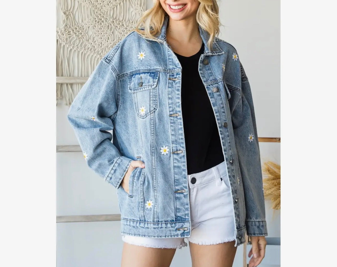Embroidered Oversized Denim Jacket | Flower