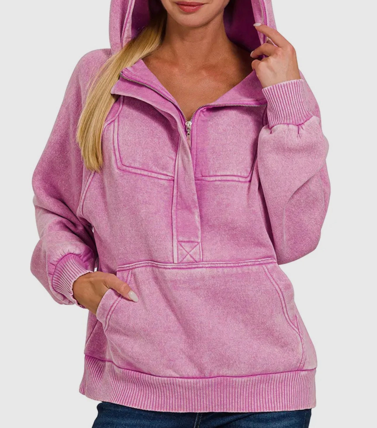 Acid Washed Fleece Oversized 1/4 Zip Kangaroo Hoodie