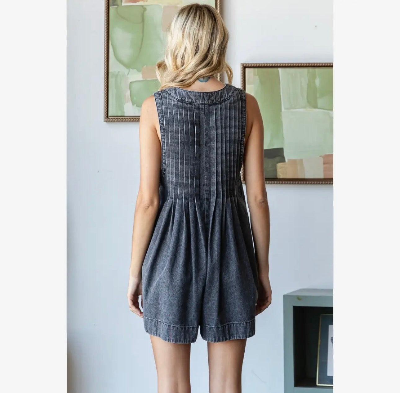 Front Pleated V-Neck Sleeveless Denim Romper