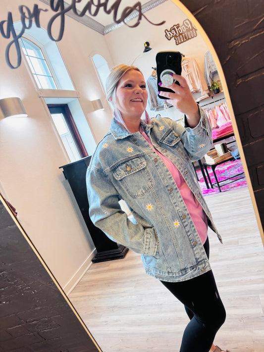 Embroidered Oversized Denim Jacket | Flower