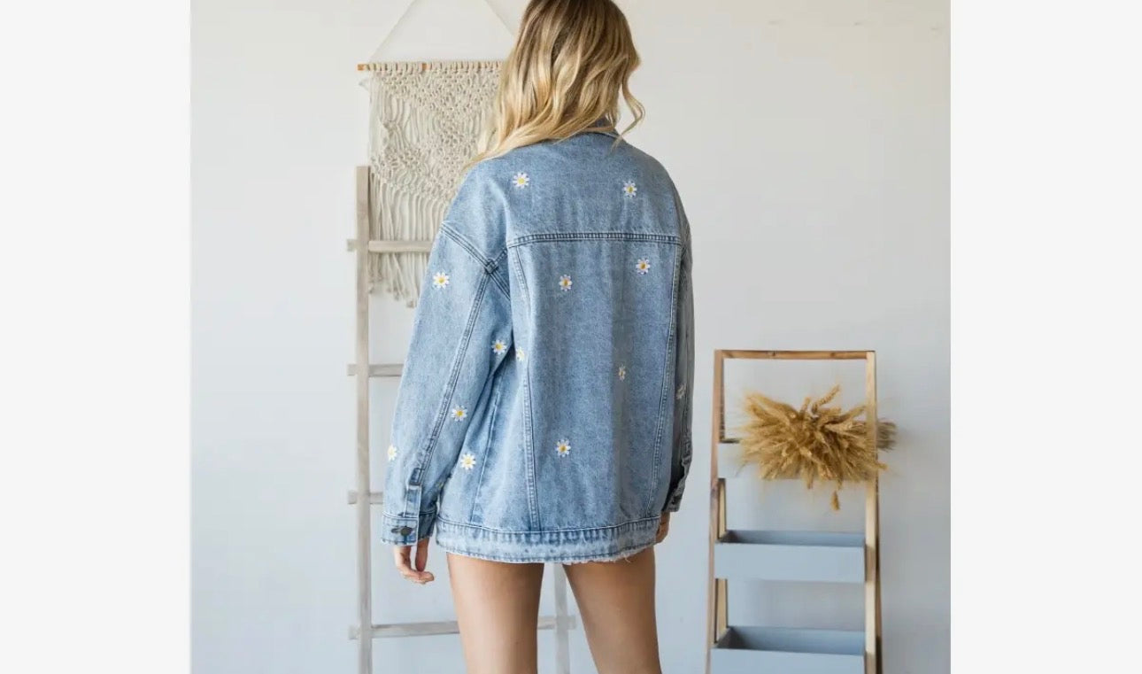 Embroidered Oversized Denim Jacket | Flower