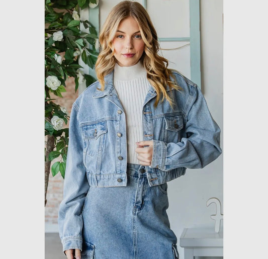 Drop Shoulder Puff Sleeve Denim Jacket