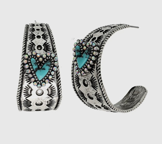 Western Rhinestone Turquoise Heart Earrings