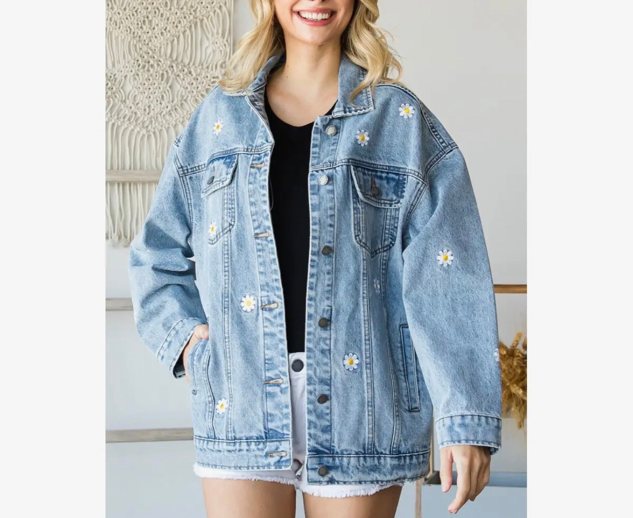 Embroidered Oversized Denim Jacket | Flower