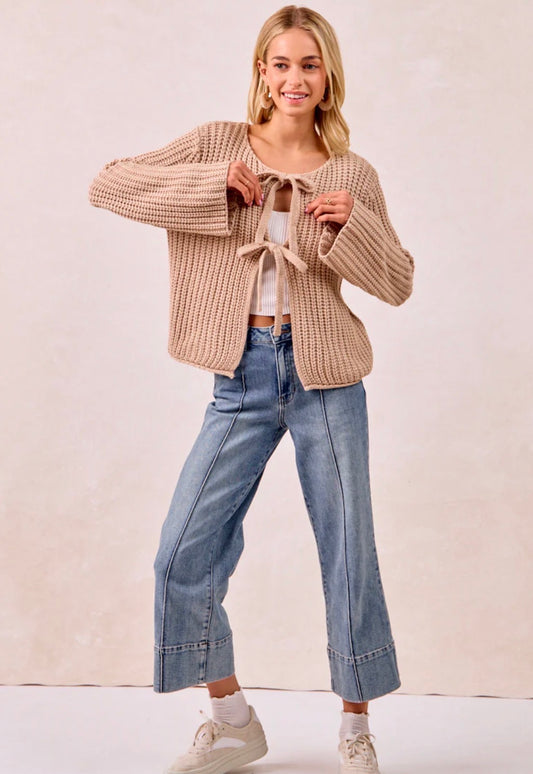 Solid Loose Gauge Knit Sweater Top With Bow Ties