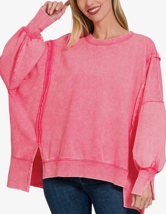Split Cuff Washed Oversized Crew