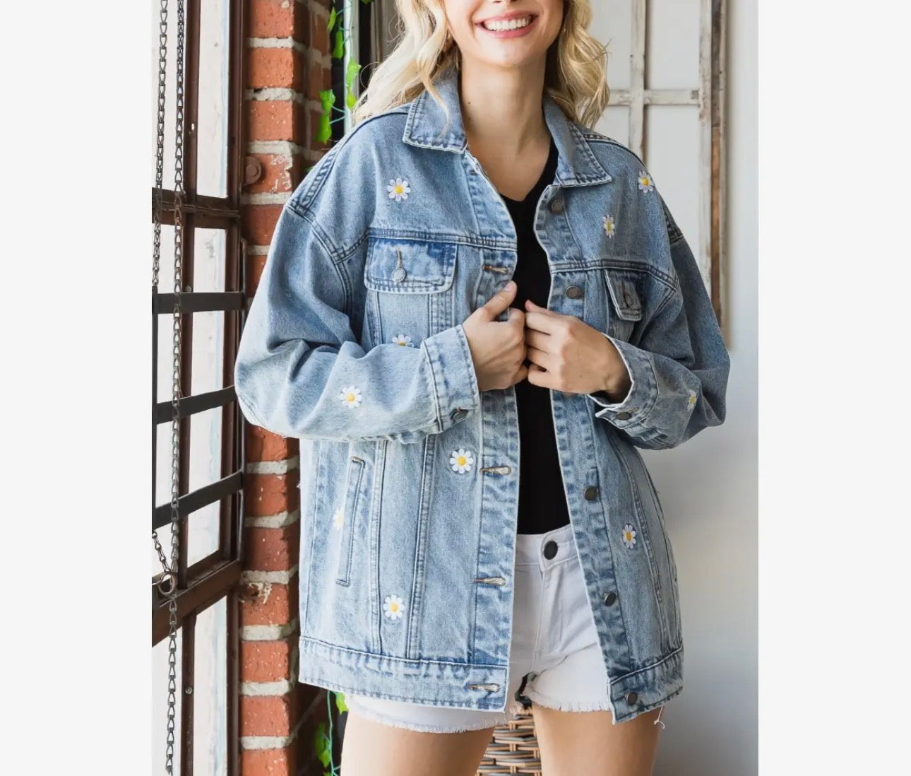 Embroidered Oversized Denim Jacket | Flower