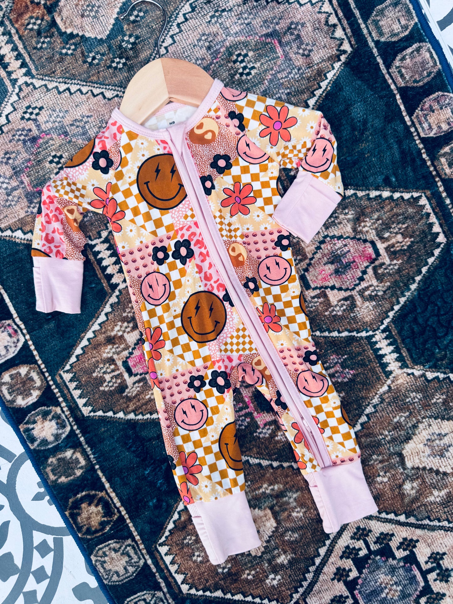 Baby Bamboo Zip Romper | Smiley Patchwork