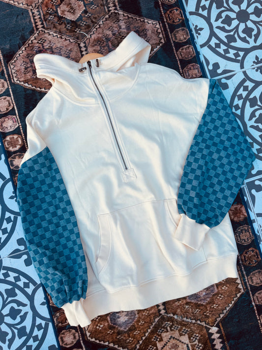 Checkered Denim Sleeves Hoodie